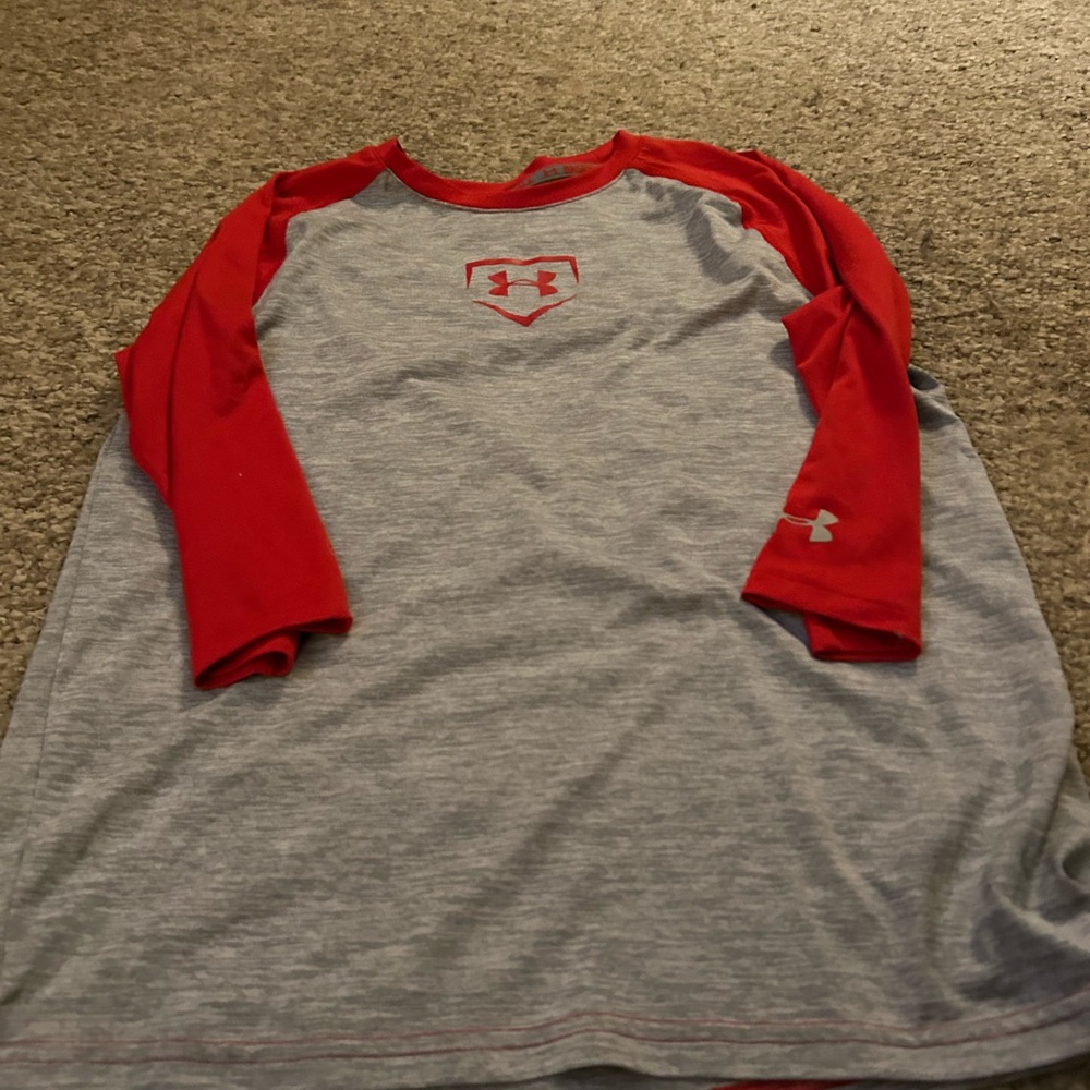 Under Armour Kids Heather Gray & Red Raglan Long Sleeve Tee